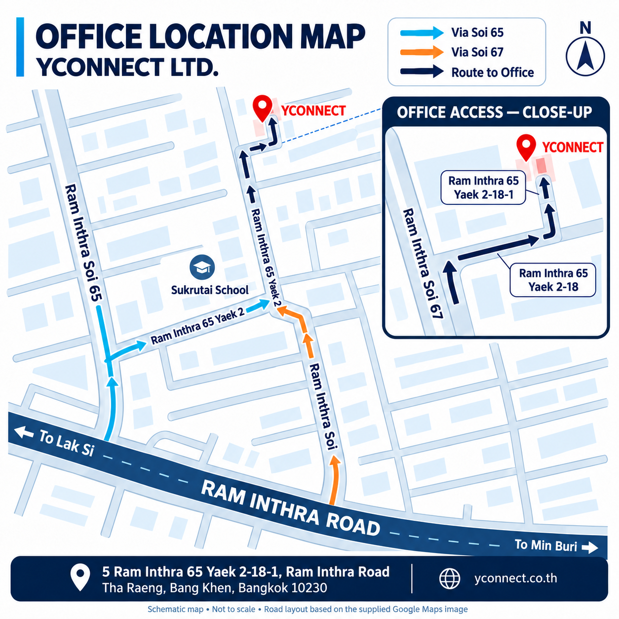 YCONNECT office location map with routes via Ram Inthra Soi 65 and Soi 67